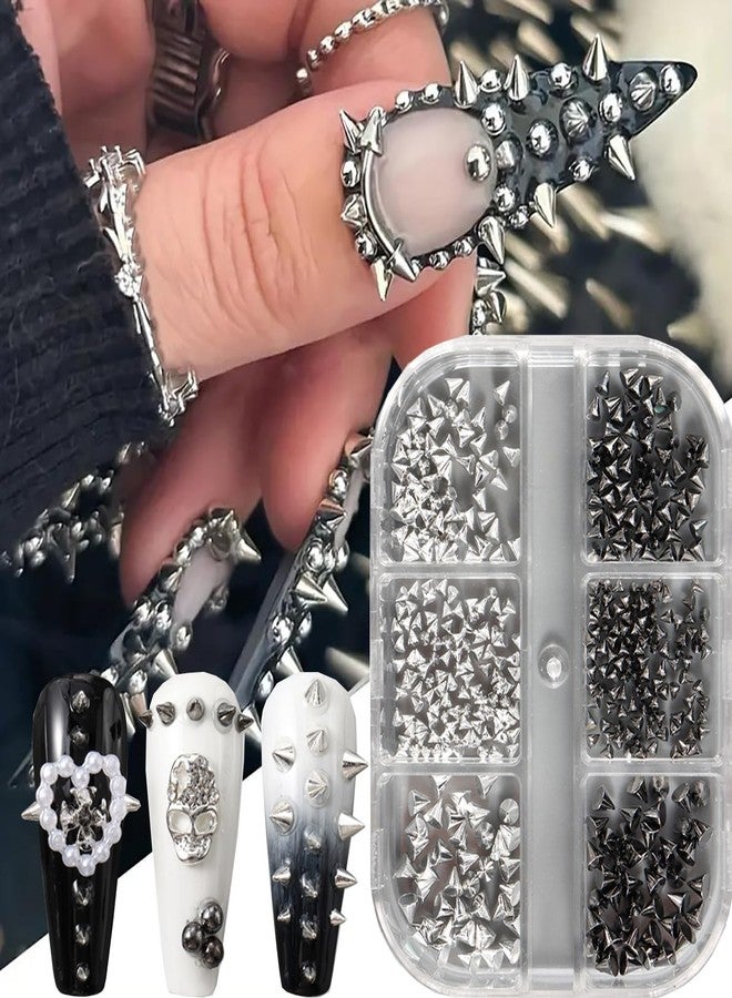 BSBTBZ 6 Grids Punk Bullet Rivet Nail Charm,3D Alloy Flat Bottomed Pointed Cone Mixed Black Silver Nail Art Rhinestones Studs DIY Crafts Nail Art Charm Spike Nails for Women DIY Nail Decoration Accessories - Image 1